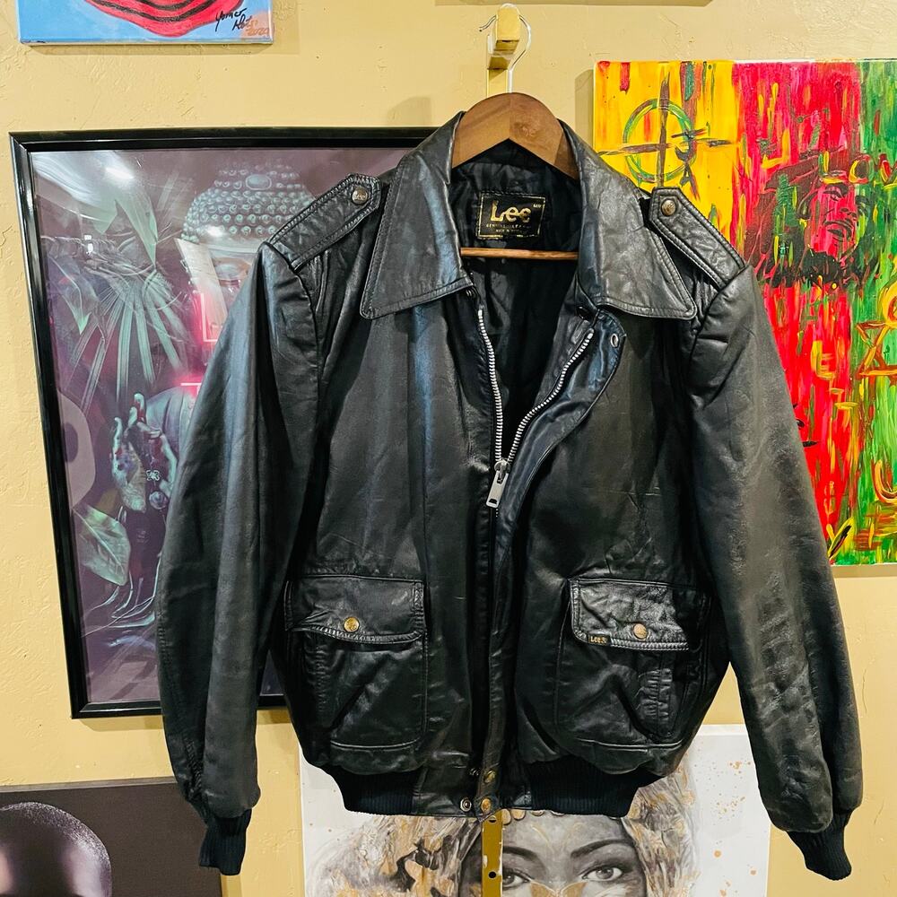 1980s Lee Rare Vintage Black Leather Grunge Rock Bomber Flight Jacket Size L/XL